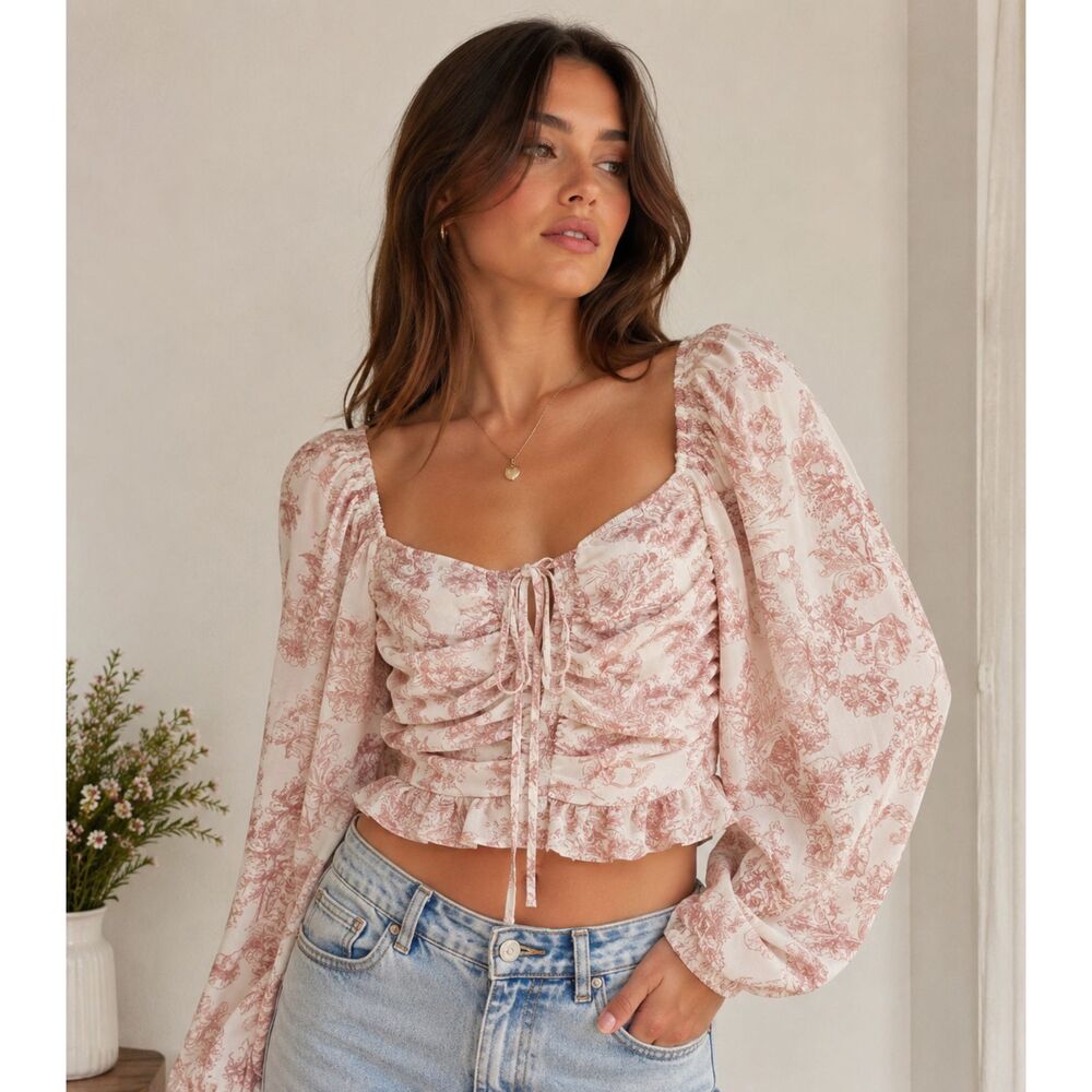 Milk & Honey XS Pink Toile Print Ruched Crop Top Puff Sleeve Cottagecore Sheer